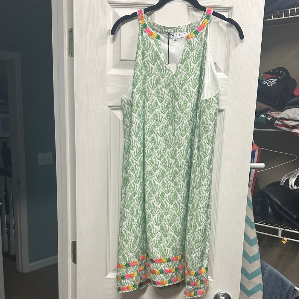 THML Green and White Mini Dress with Multicolor Trim